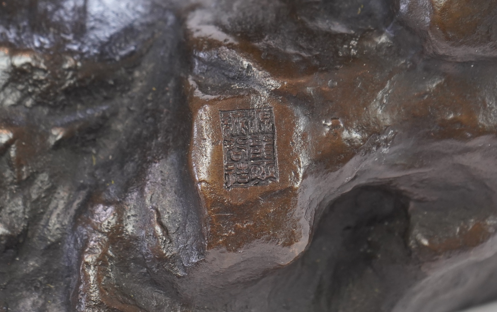 CHANGE TO DESCRIPTION- After Genryusai Seiya, a large patinated bronze group of two tigers on a riverbank